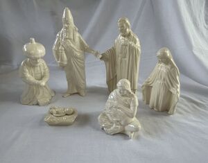 White Ceramic Christmas Nativity Set of Six, Baby Jesus, Wise Men, Signed Kay